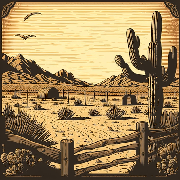 Illustration einer Wüstenszene mit einem Zaun und Kaktusbäumen generativ ai
