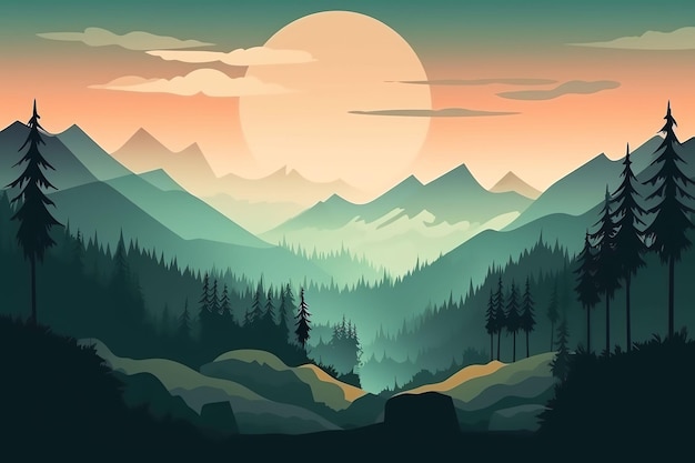 Illustration einer wunderschönen Berglandschaft mit Nebel und Waldsonnenaufgang und -untergang