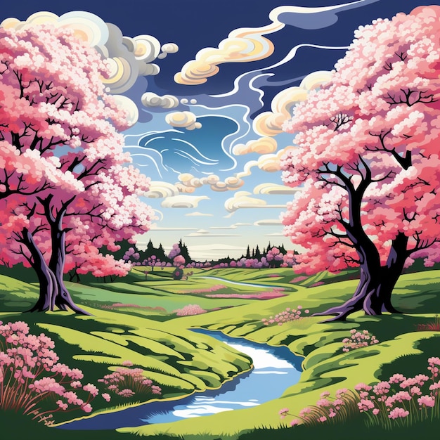 Illustration einer wunderschönen Landschaft mit einem Fluss und Bäumen generative ai