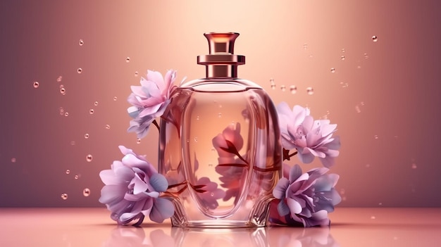 Illustration einer wunderschönen Parfümflasche, umgeben von leuchtenden Blumen auf einem stilvollen Tisch