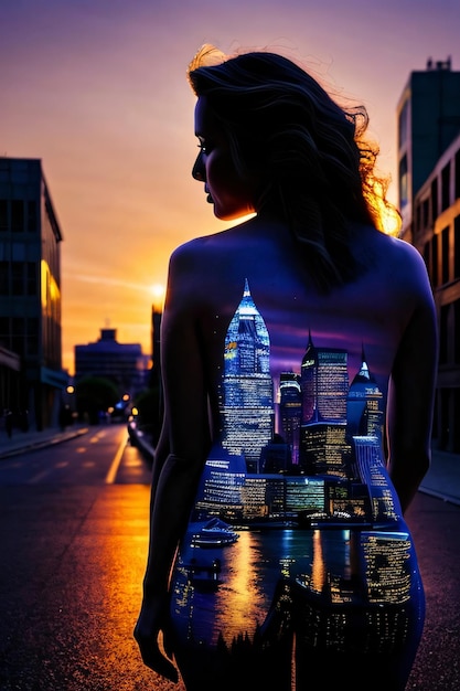 Illustration einer Zeichnung einer Stadt auf dem Rücken eines attraktiven Mädchens auf einer Abendstraße