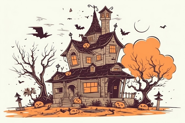 Illustration einer Zeichnung eines Haus des Schreckens für Halloween mit weißem Hintergrund