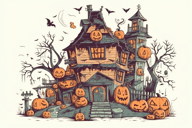 Illustration einer Zeichnung eines Haus des Schreckens für Halloween mit weißem Hintergrund