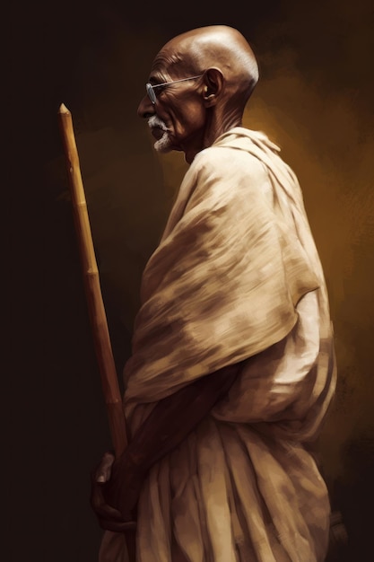 Illustration einer Zeichnung von Mahatma Gandhi, der sich auf einen Stock stützt