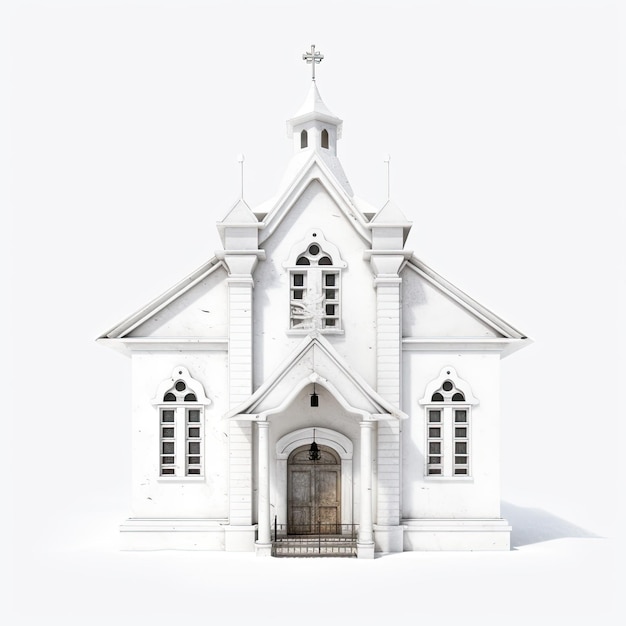 Illustration eines 3D-Modells einer alten weißen Kirche mit handgemalten Details auf weißem Hintergrund Generative KI