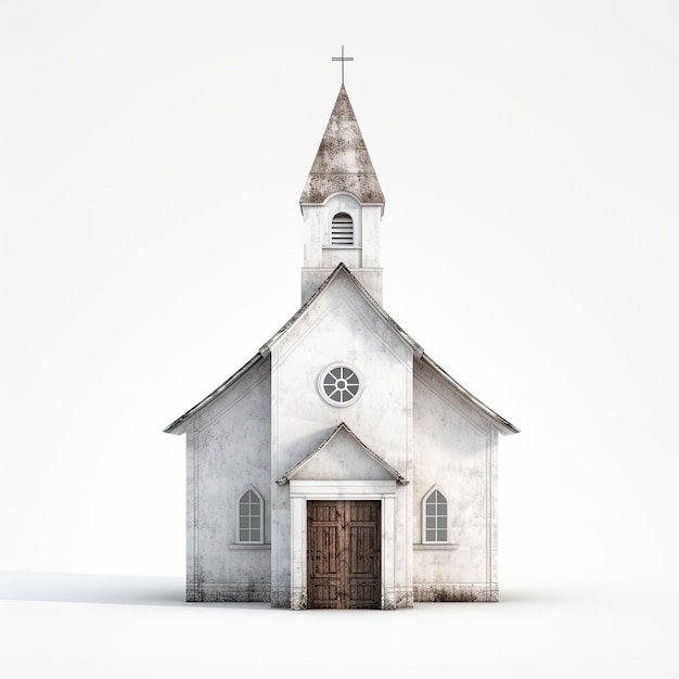 Illustration eines 3D-Modells einer alten weißen Kirche mit handgemalten Details auf weißem Hintergrund Generative KI