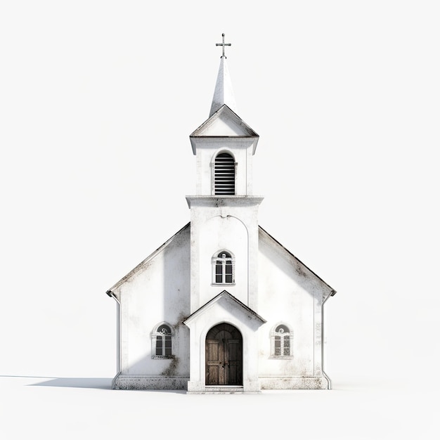 Illustration eines 3D-Modells einer alten weißen Kirche mit handgemalten Details auf weißem Hintergrund Generative KI