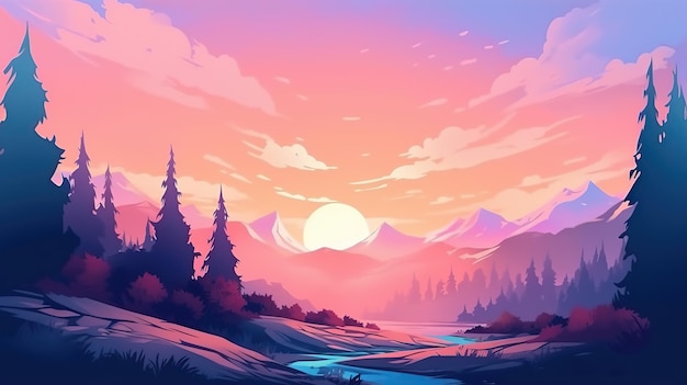 Illustration eines abstrakten Hintergrunds in Pastelltönen mit Landschaftsverlauf. Generative KI