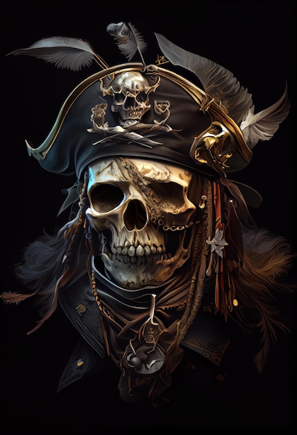 Illustration eines alten Schädelpiraten an Bord eines Schiffes ein Porträt eines Kapitäns ein schwarzer Hintergrund des Meeres