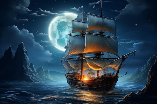 Illustration eines alten Schiffes, das unter Vollmond segelt