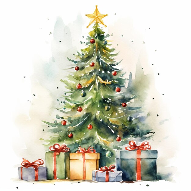 Illustration eines Aquarells eines Weihnachtsbaums mit Geschenkhintergrund