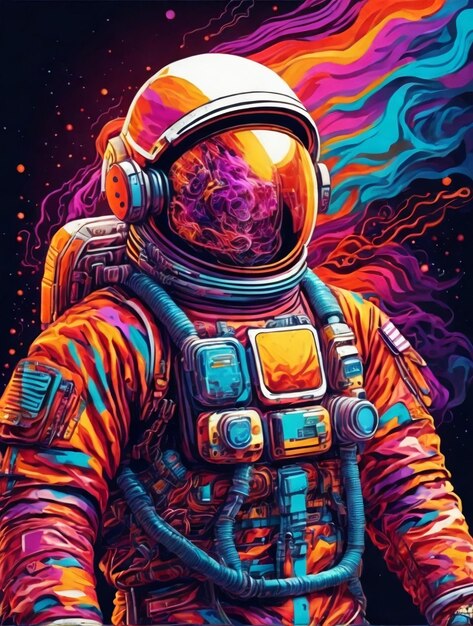 Illustration eines Astronauten, der einen Raumanzug trägt, der von einer farbenfrohen, flammenartigen Aura umgeben ist