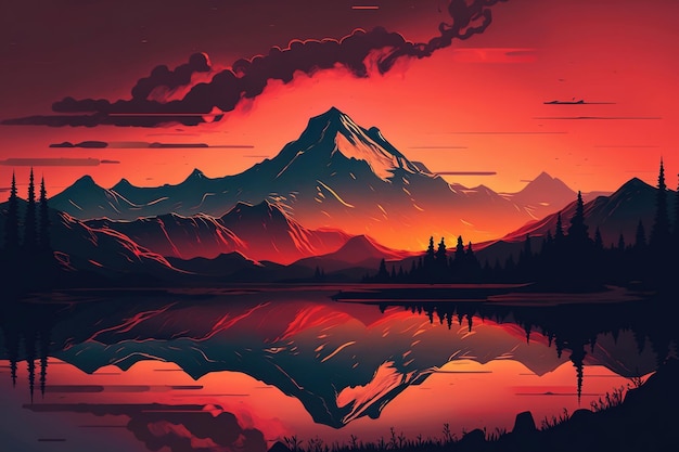 Illustration eines atemberaubenden Sonnenuntergangs über einer Bergkette