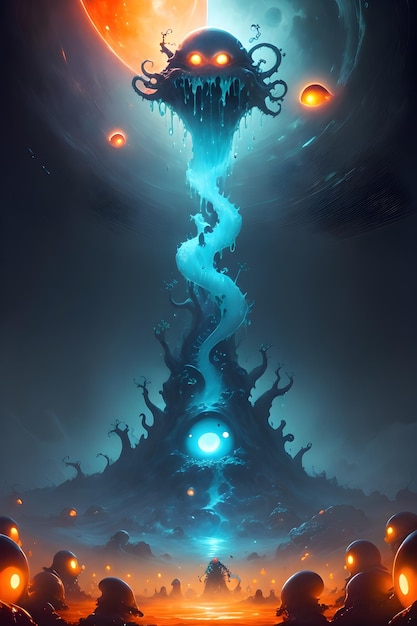 Illustration eines außerirdischen Schleimmonsters in einem dunklen Höhlenhintergrund
