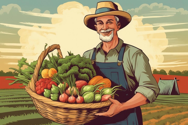 Illustration eines Bauern mit frisch geerntetem Gemüse
