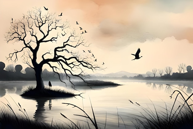 Illustration eines Baumes mit Vögeln, die bei Sonnenuntergang über den See fliegen