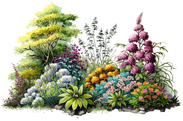 Illustration eines blühenden Gartens mit Blumen und Insekten