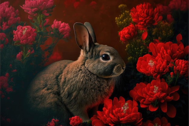 Illustration eines braunen Kaninchens zwischen roten Blumen Dunkle Farben Generative KI