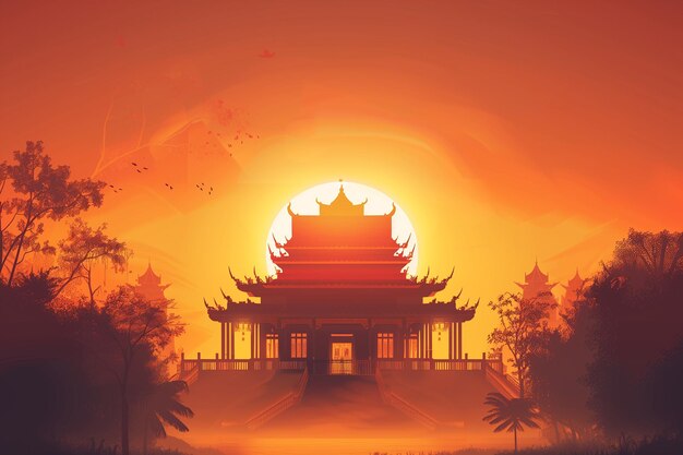 Illustration eines buddhistischen Tempels im Hintergrund