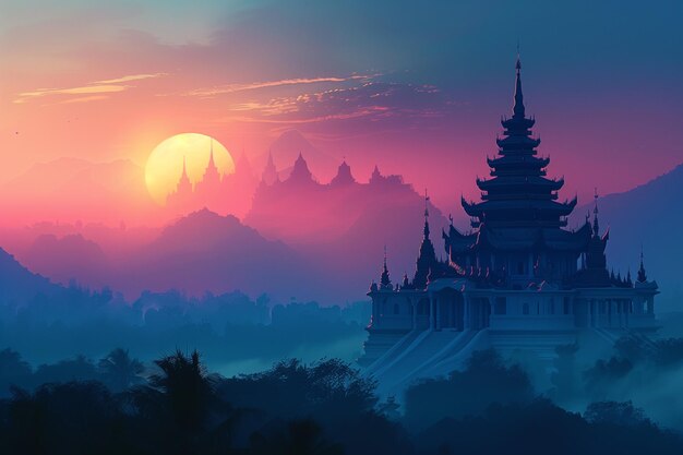 Illustration eines buddhistischen Tempels im Hintergrund