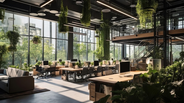 Illustration eines Büros voller üppiger Vegetation, die von der Decke hängt