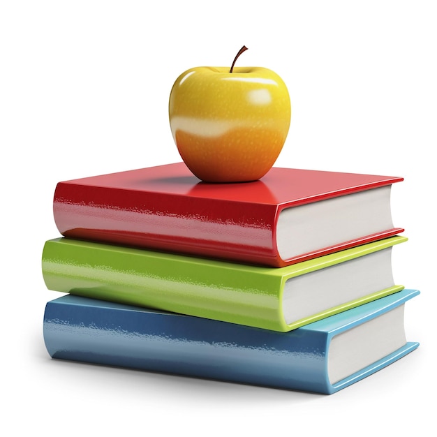 Illustration eines bunten Stapels Bücher mit Apfel