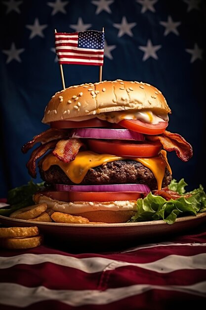 Illustration eines Burgers mit amerikanischer Flagge auf hölzernem Hintergrund Generative KI