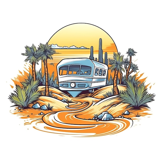 Illustration eines Busses in der Wüste mit Palmen Generative KI