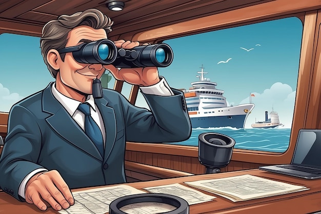 Illustration eines Cartoon-Geschäftsmanns, der ein Fernglas auf einem Schiff benutzt
