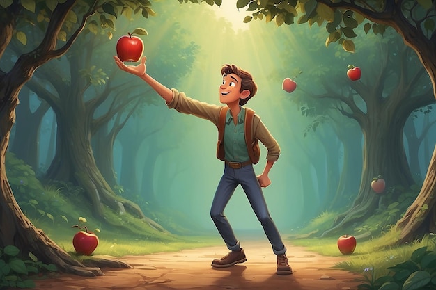 Illustration eines Cartoon-Mannes, der nach einem Apfel reicht
