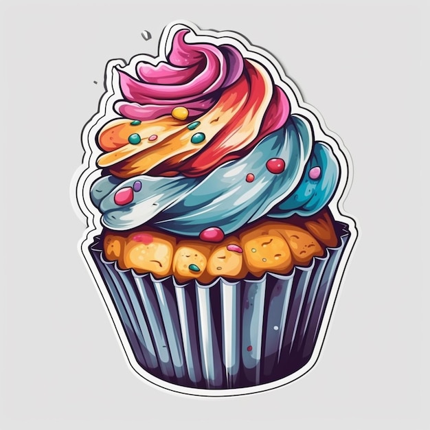 Illustration eines Cupcakes mit buntem Zuckerguss und Streuseln, generative KI