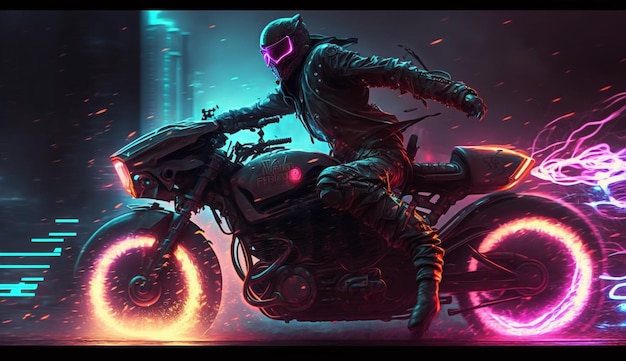 Illustration eines Cyberpunk-Fahrers auf einem zukünftigen Fahrrad oder Cruiser mit einem lebendigen und leuchtenden Neonlicht