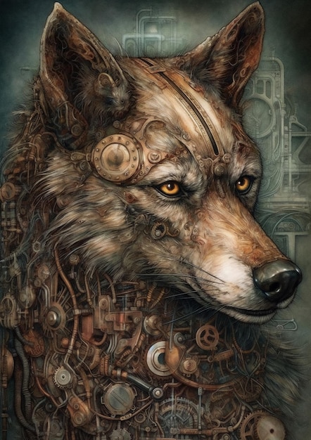 Illustration eines Cyberpunk-Wolfs in einer fiktiven Szenerie für Rahmen-Sci-Fi-Tier-Konzeptkunst