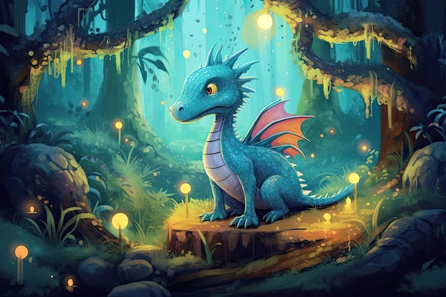 Illustration eines Drachen im Zauberwald Generative KI