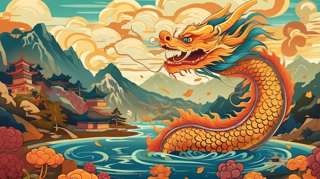 Illustration eines Drachen in einem See mit Bergen im Hintergrund generative KI