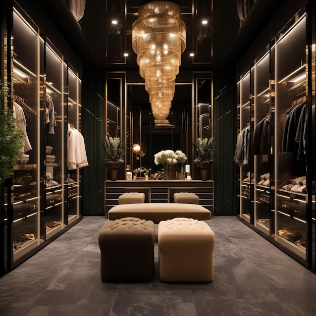 Foto illustration eines dunkelgoldfarbenen ankleidezimmers mit luxuriösem und