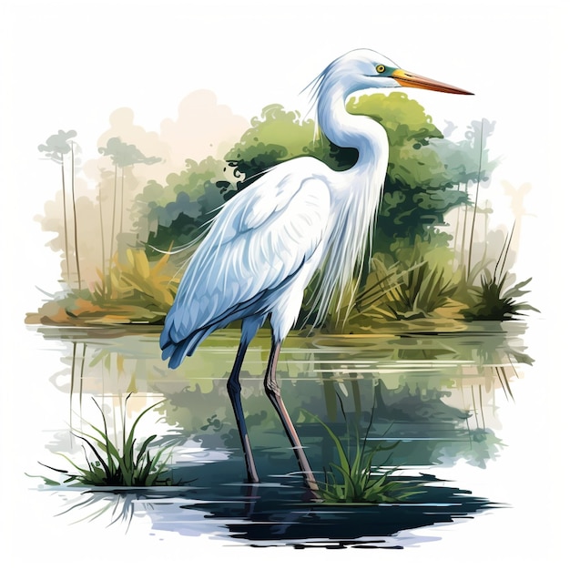 Illustration eines Egrets auf einem Fluss-Hintergrund