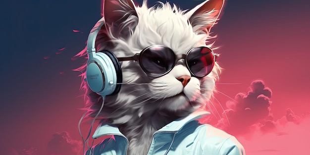 Illustration eines Fantasiecharakters mit Katzenkopf in Sonnenbrille und Kopfhörern, der eine weiße Jacke trägt und Musik vor rosa und blauem Hintergrund hört