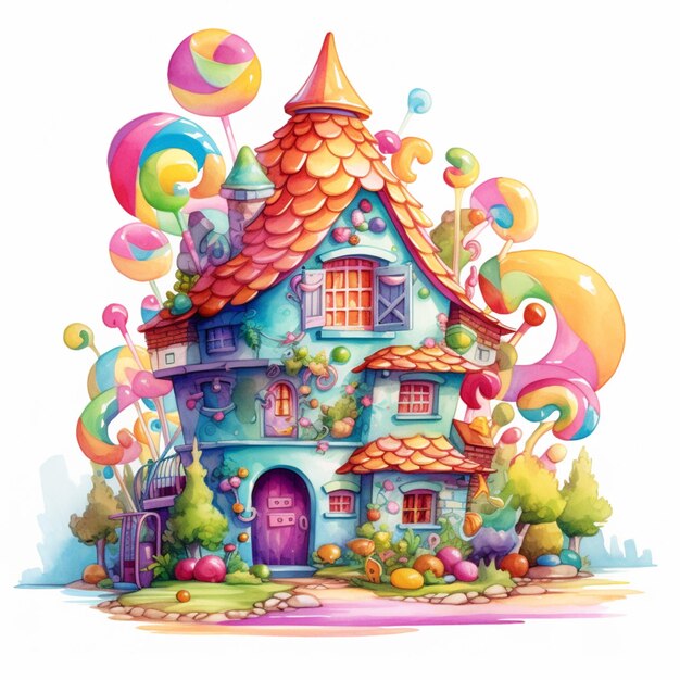 Illustration eines Feenhauses mit Ballons und einem Dach