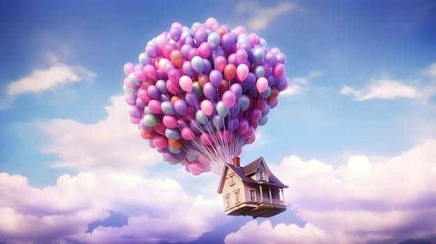 Illustration eines fliegenden Hauses mit vielen Ballons