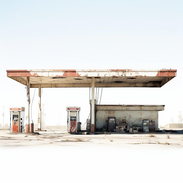 Foto illustration eines fotos einer verlassenen, zerstörten tankstelle