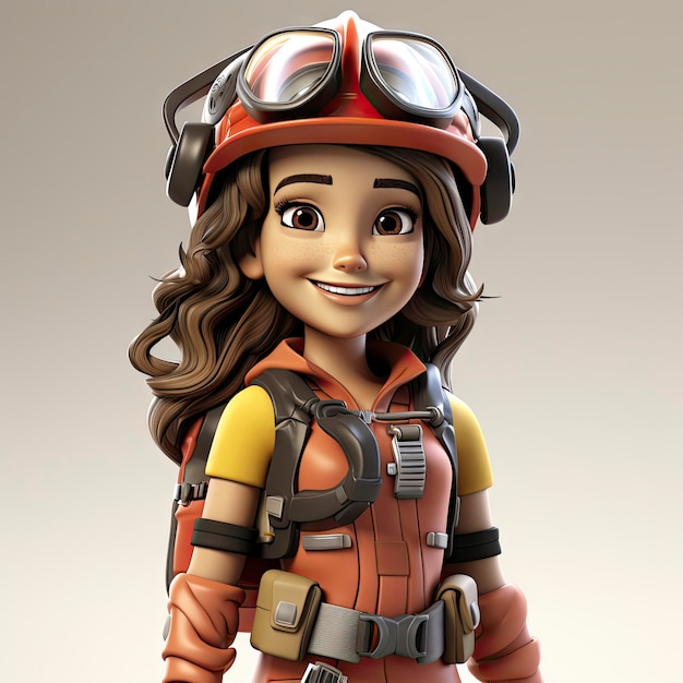Illustration eines freundlichen weiblichen Zeichentrickfilm-Feuerwehrmanns, der in voller Ausrüstung winkt