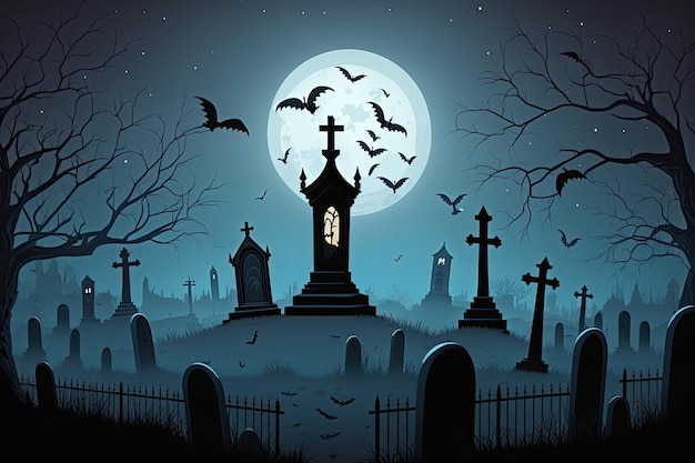 Illustration eines Friedhofs bei Nacht Ein gruseliger Friedhof mit Fledermäusen, einem bewölkten Himmel und dem Mond