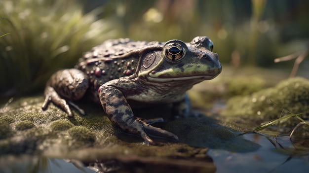 Illustration eines Frosches mitten in einem Wald, 3D-realistisch