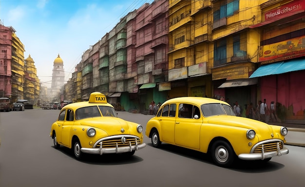 Illustration eines gelben Taxis in der Altstadt Indiens