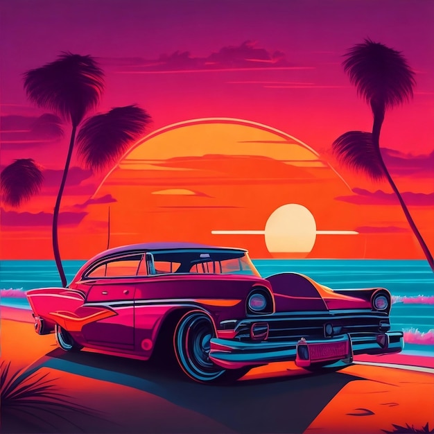 Illustration eines Gemäldes eines Autos mit einem Strandsonnenuntergang von generative ai