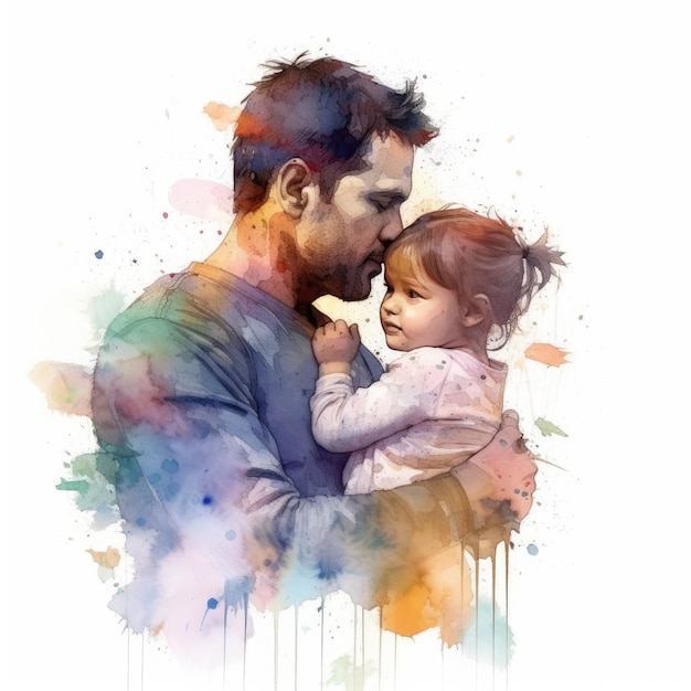 Illustration eines Gemäldes eines Vaters und Sohnes mit farbenfrohen Aquarellen und Gesichtsausdrücken