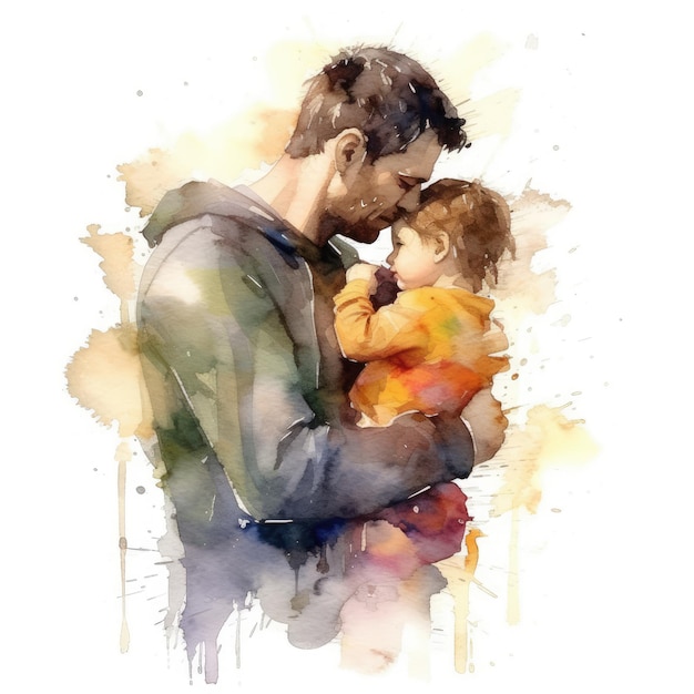 Illustration eines Gemäldes eines Vaters und Sohnes mit farbenfrohen Aquarellen und Gesichtsausdrücken
