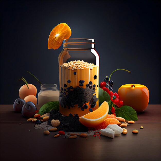 Foto illustration eines glasgefäßes voller orangensaft mit zutaten auf dunklem hintergrund