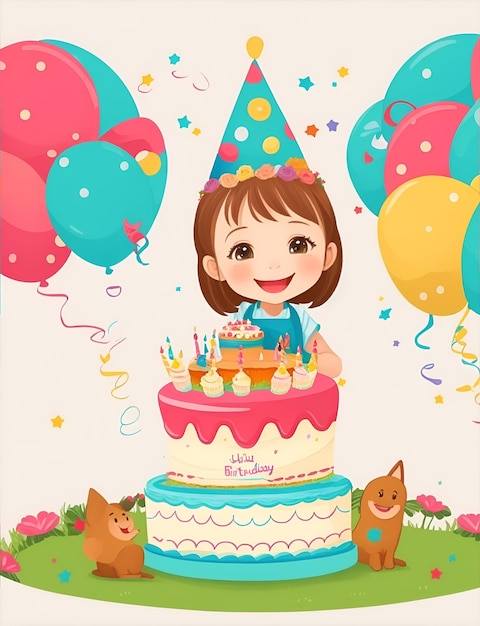 Illustration eines glücklichen kleinen Mädchens und ihrer Geburtstagstorte. Generative KI
